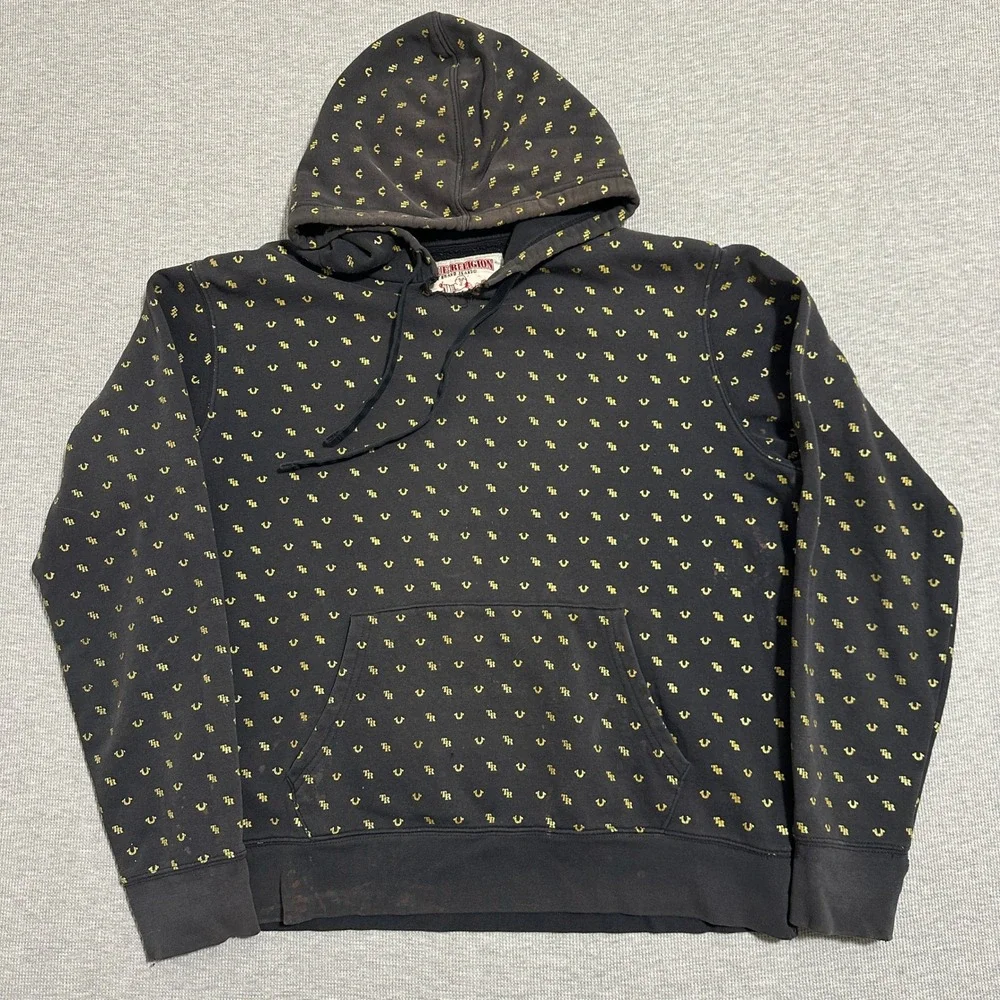 True Religion Monogram AOP Pullover Hoodie Black Gold Horseshoe Logo Y2K X-Large